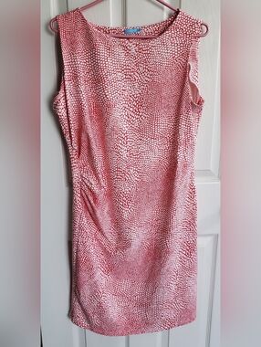 J. McLaughlin Sheath Dress XL Coral/White Ruched Waist Sleeveless Preppy